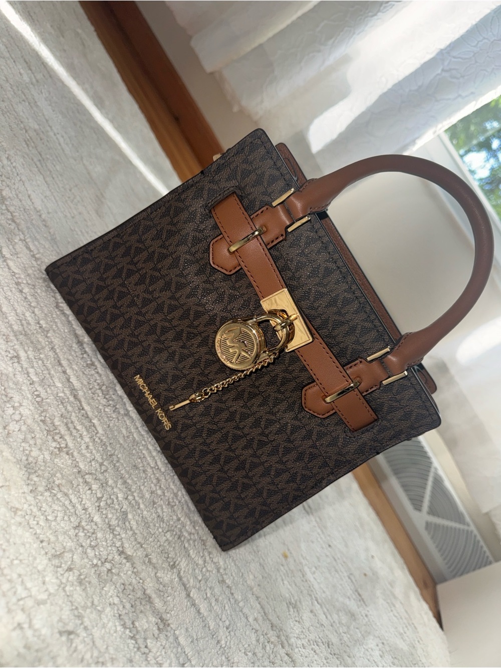 Michael Kors Brown & Tan Signature Satchel with Gold Charm